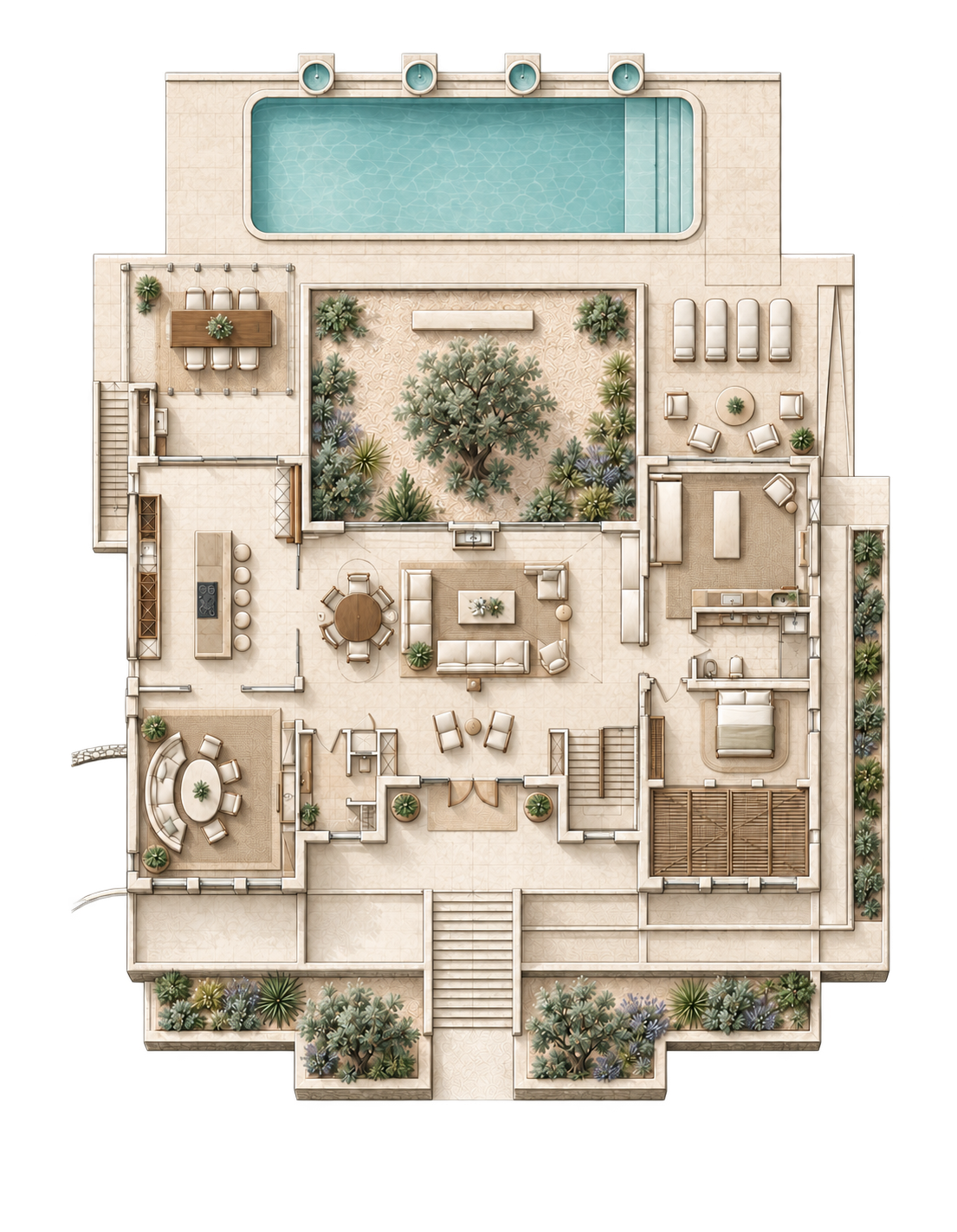 Illustrated ground-floor layout of Villa NEA
