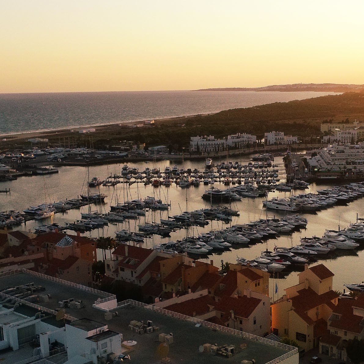 Vilamoura Marina and its surrounding waterfront at sunset